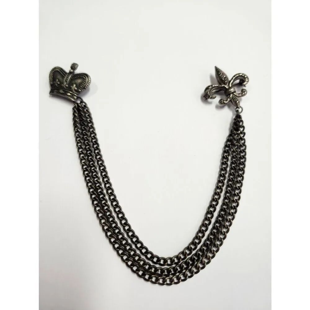 Vintage Pewter Tone Fleur De Lis Double Pin Brooch Sweater Swag Chain